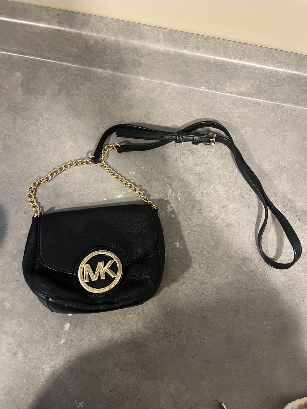 MICHAEL Michael Kors Black Pebbled Leather Mini Crossbody with Gold MK Emblem